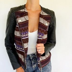 H&M black blue woven tribal print moto jacket size 4